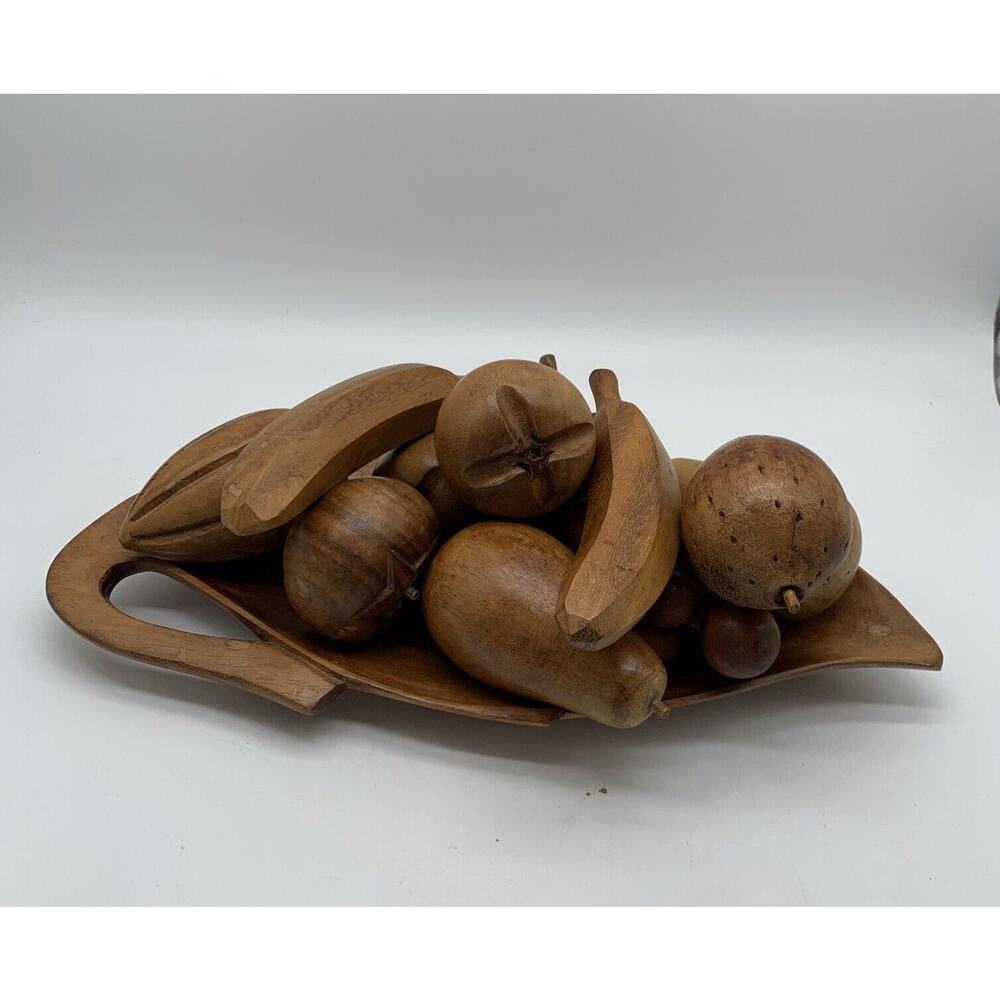 MCM Wooden Carved Fruit And Bowl 11 Piece Hawaiian Aloha Tiki Monkey pod
